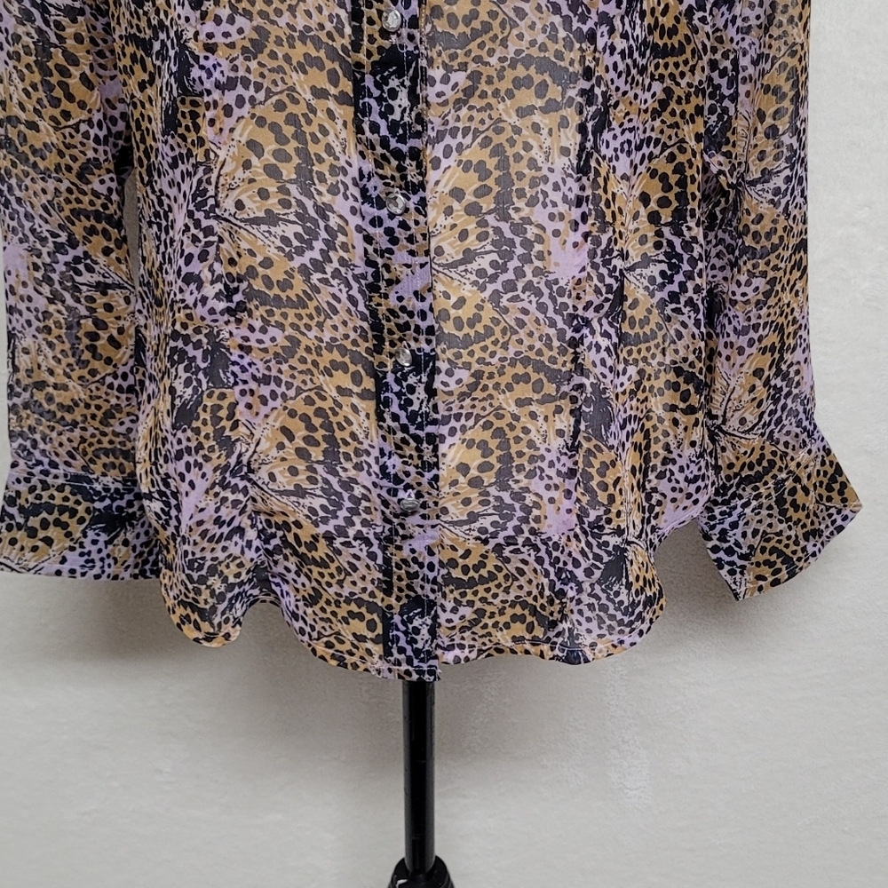 Vintage Cumberland Outfitters Leopard Butterfly Print Button Up Chiffon Blouse M - Picture 6 of 14